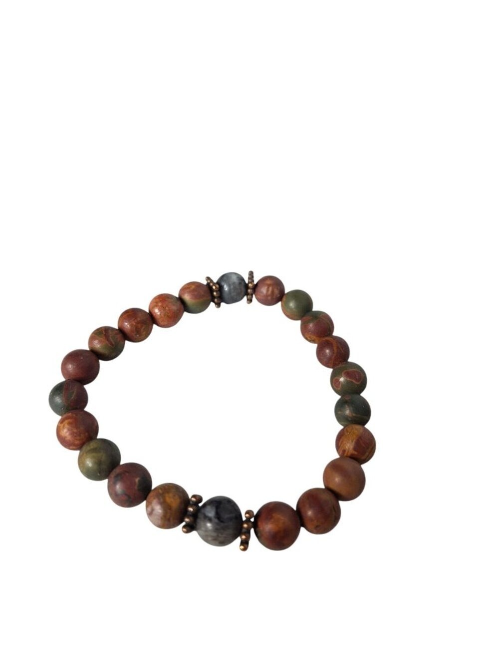 Vintage Earth Tone Unakite Jasper Beaded Stretch Bracelet Copper Spacers